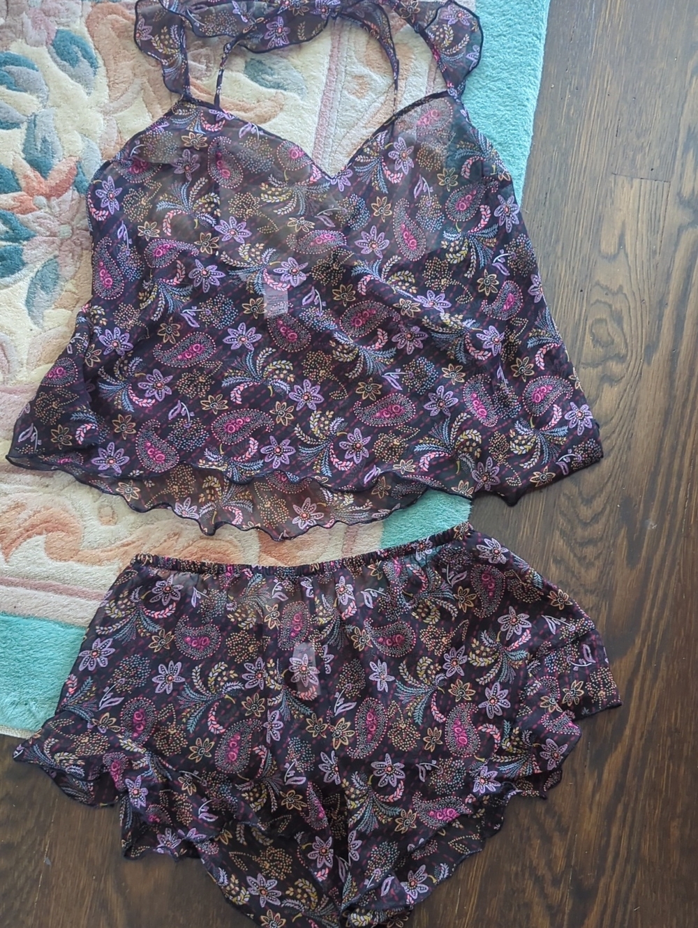 Sheer Floral Paisley Lace-Trim Pajama Set - Black & Purple
